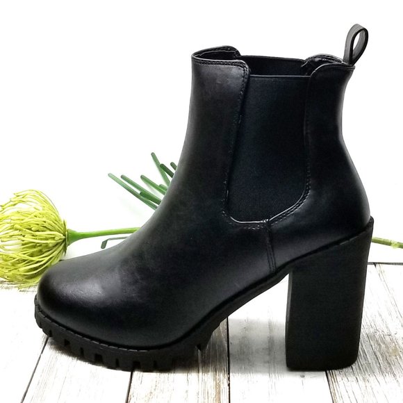 New Black Chelsea Elastic Chunky Heel Ankle Boots Booties - Picture 2 of 5